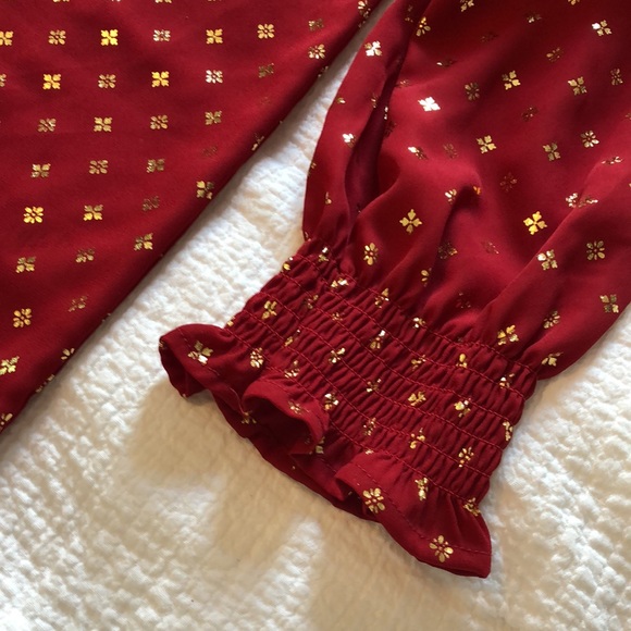 Time and Tru Red & Gold Dress Blouse w/ Ruched collar and Smocked Sleeve Cuffs - Picture 11 of 13